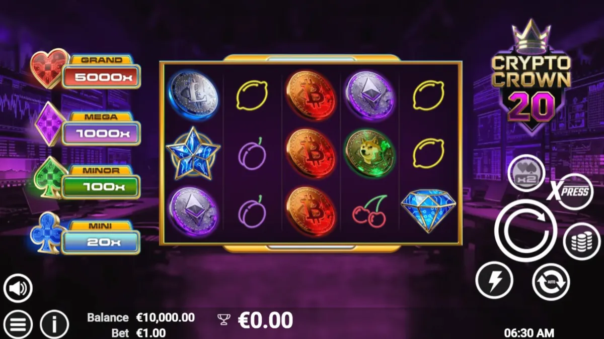 Crypto Crown 20 slot machine interface na may mga neon na simbolo ng cryptocurrency at prutas.