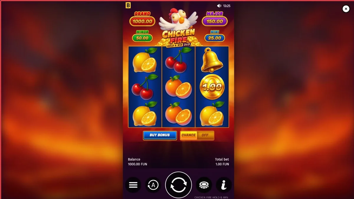 Isang makulay na 3x3 slot machine na may temang manok at prutas na tinatawag na Chicken Fire.